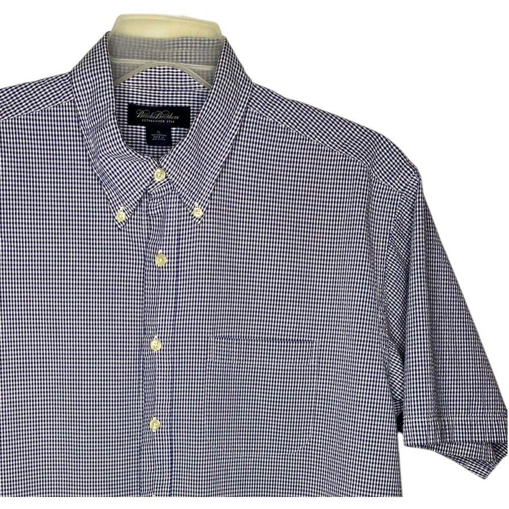 Brooks Brothers Mens XL Navy White Seersucker Gingham Short Sleeve Button Down